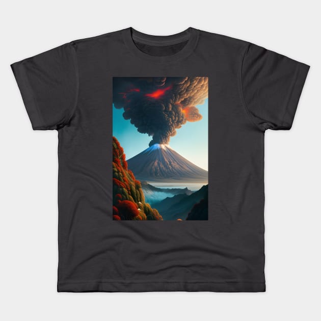 Volcanic Fury: A Digital AI Fantasy Landscape Kids T-Shirt by Christine aka stine1